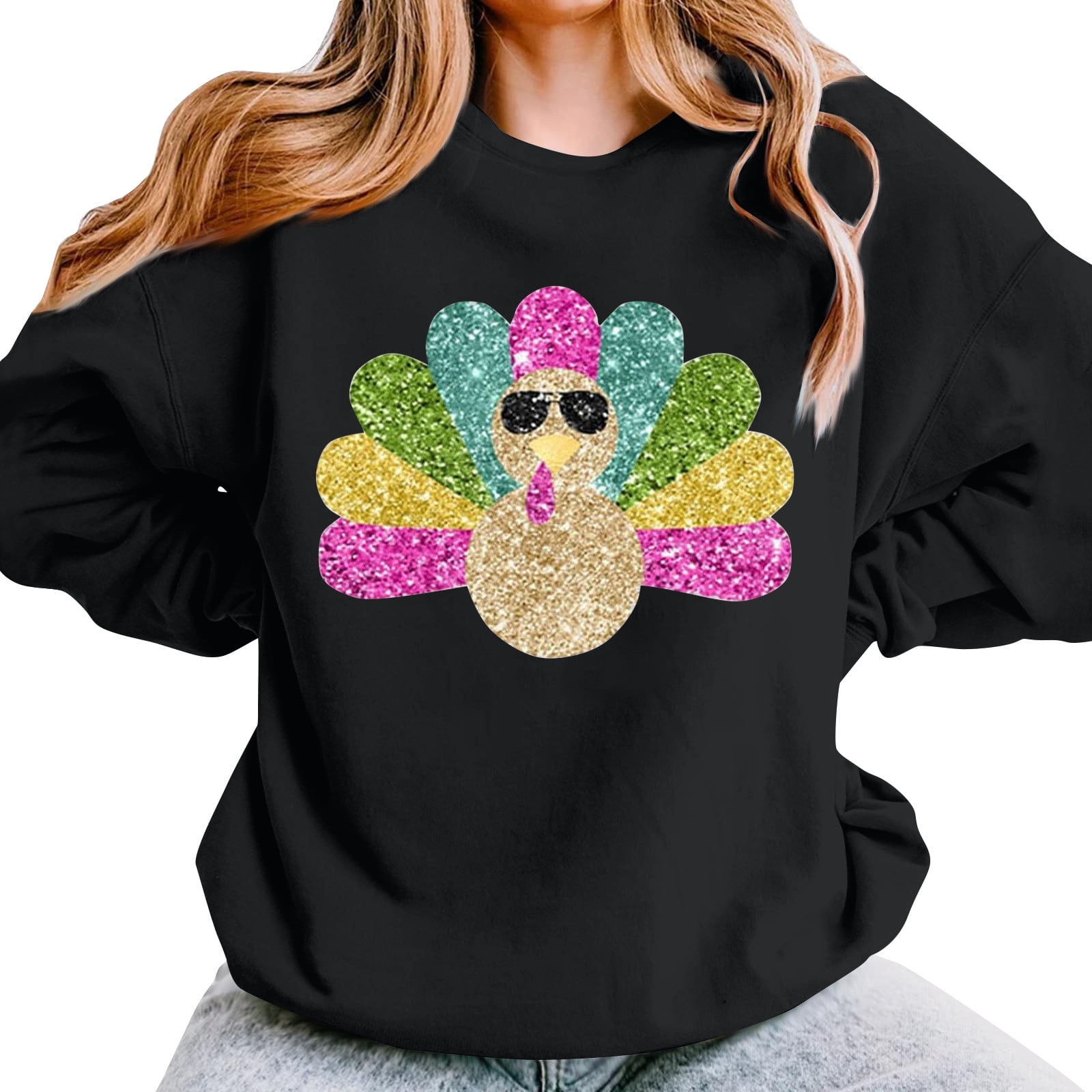 Women’s Glitter Turkey Sweatshirt Fun Thanksgiving Pullover with Colorful Design for Holiday Celebrations italgemjewellers